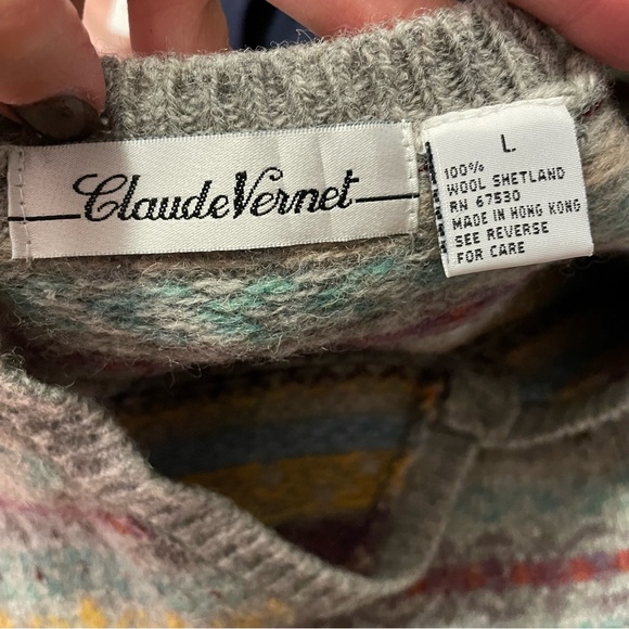 Vintage Claude Vernet Sweater Vest Shetland Wool V Neck Gray Black Size Large - Picture 6 of 7